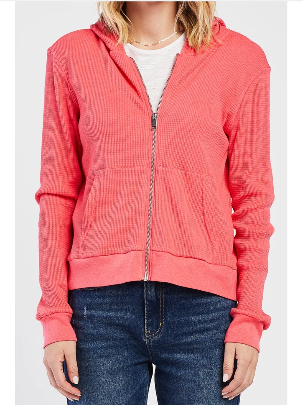Velvet Heart Coral Zip Hoodie - Women's Waffle Knit Thermal Pullover
